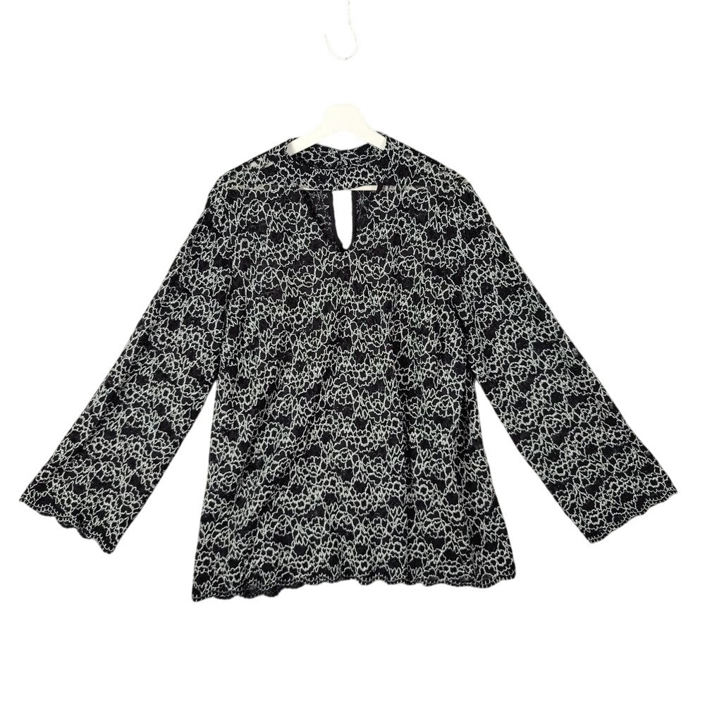 Roz & Ali Blouse Top Keyhole Neck Long Sleeve Black Open Knit Lace‎ Womens 2X